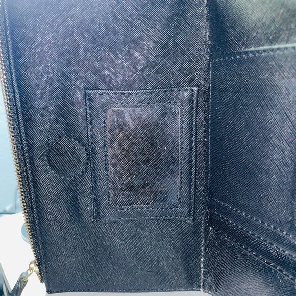 Black Saffiano Leather Dual Zip Wallet - Flat Open Organizer Clutch - Gold HW - Picture 4 of 7